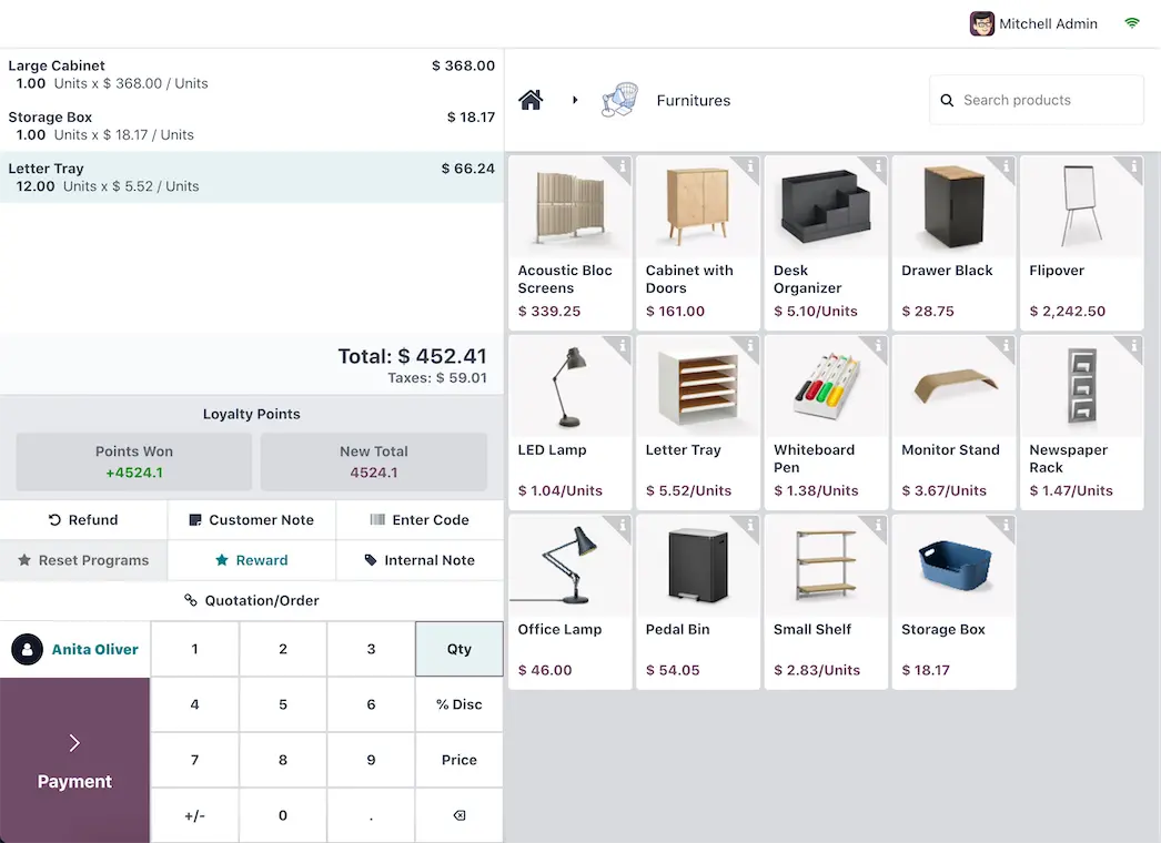 Écran caissier du Point de Vente Odoo : produits, panier et modes de paiement